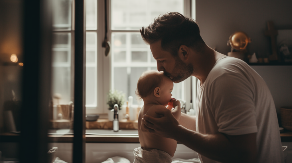 Image d'un père en congé parternité qui s'occupe de son enfant